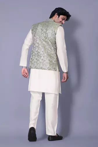 White jacquard work nehru jacket raw silk kurta set for men
