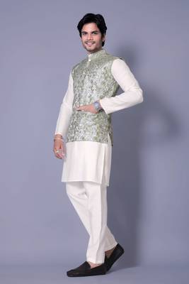 White jacquard work nehru jacket raw silk kurta set for men 3