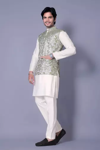 White jacquard work nehru jacket raw silk kurta set for men