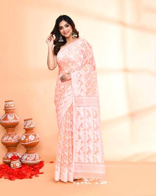 Women's salmon cotton silk jamdani saree without blouse 1