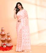 Women's salmon cotton silk jamdani saree without blouse