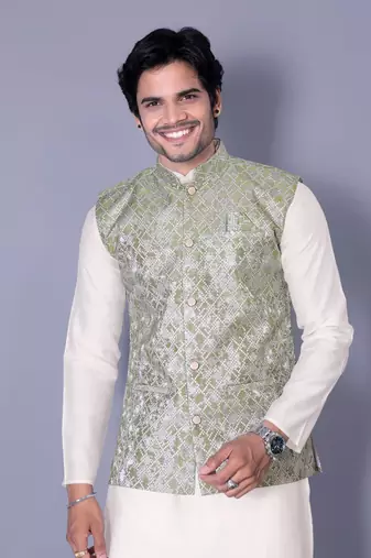 White jacquard work nehru jacket raw silk kurta set for men