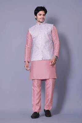 Pink jacquard work nehru jacket raw silk kurta set for men 1