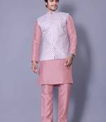 Pink jacquard work nehru jacket raw silk kurta set for men