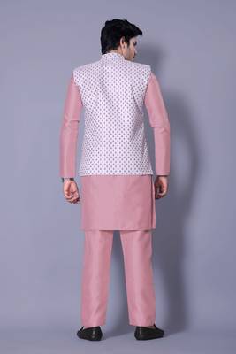 Pink jacquard work nehru jacket raw silk kurta set for men 2