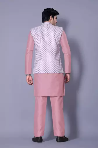 Pink jacquard work nehru jacket raw silk kurta set for men