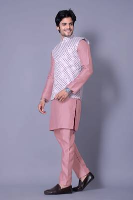 Pink jacquard work nehru jacket raw silk kurta set for men 3