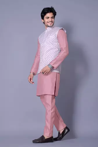 Pink jacquard work nehru jacket raw silk kurta set for men