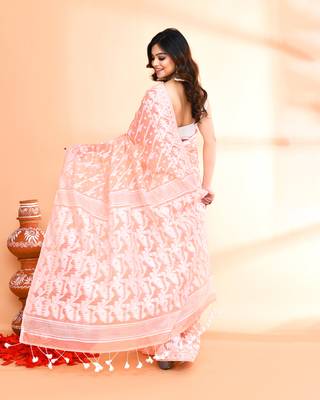 Women's salmon cotton silk jamdani saree without blouse 3