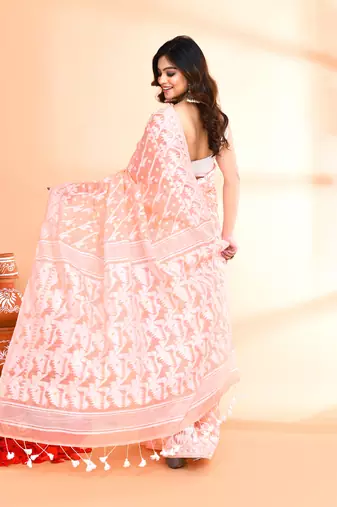 Women's salmon cotton silk jamdani saree without blouse
