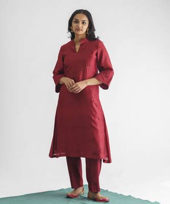 Maroon threadwork chanderi silk kurta (with slip) 1