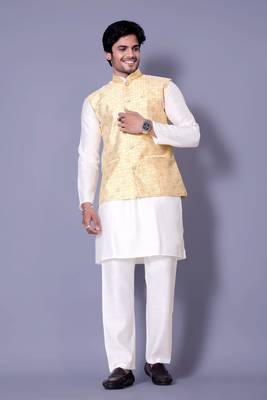 Gold jacquard work nehru jacket raw silk kurta set for men 1