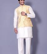 Gold jacquard work nehru jacket raw silk kurta set for men
