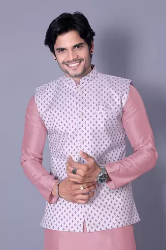 Pink jacquard work nehru jacket raw silk kurta set for men