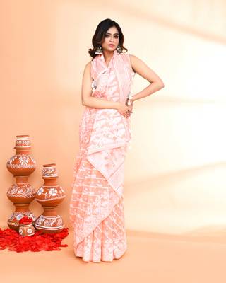 Women's salmon cotton silk jamdani saree without blouse 4