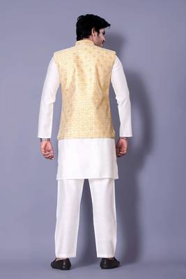 Gold jacquard work nehru jacket raw silk kurta set for men 2