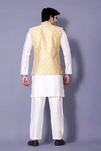 Gold jacquard work nehru jacket raw silk kurta set for men
