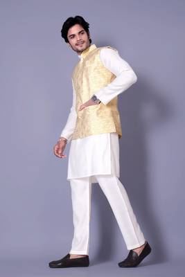 Gold jacquard work nehru jacket raw silk kurta set for men 3