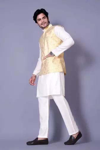 Gold jacquard work nehru jacket raw silk kurta set for men
