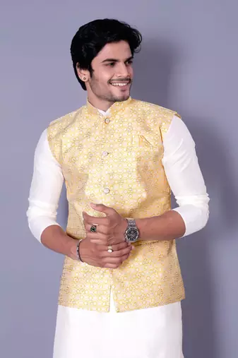 Gold jacquard work nehru jacket raw silk kurta set for men