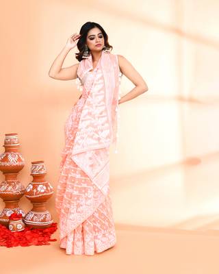 Women's salmon cotton silk jamdani saree without blouse 5
