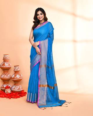 cotton silk sky blue handloom saree with blouse piece 1