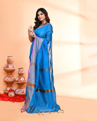 cotton silk sky blue handloom saree with blouse piece 2