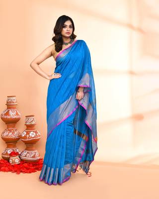 cotton silk sky blue handloom saree with blouse piece 3