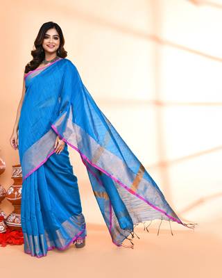 cotton silk sky blue handloom saree with blouse piece 4