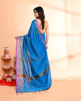 cotton silk sky blue handloom saree with blouse piece 5