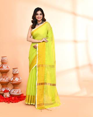 cotton silk lemon handloom saree with blouse piece 1