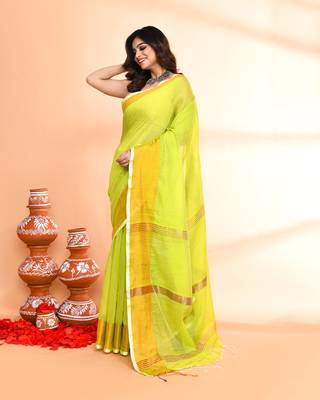 cotton silk lemon handloom saree with blouse piece 2