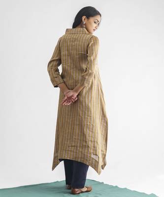Grey and gold stripe handwoven chanderi silk kurta (with slip) 5