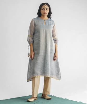 Powder blue zari stripe kurta with tassels 1