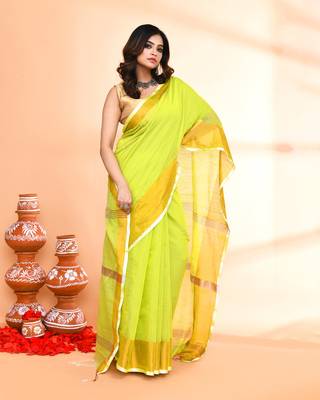 cotton silk lemon handloom saree with blouse piece 3