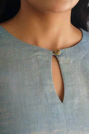 Powder blue zari stripe kurta with tassels