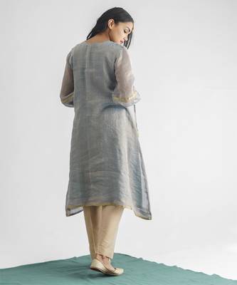 Powder blue zari stripe kurta with tassels 3