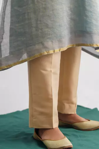 Powder blue zari stripe kurta with tassels