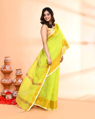 cotton silk lemon handloom saree with blouse piece 4