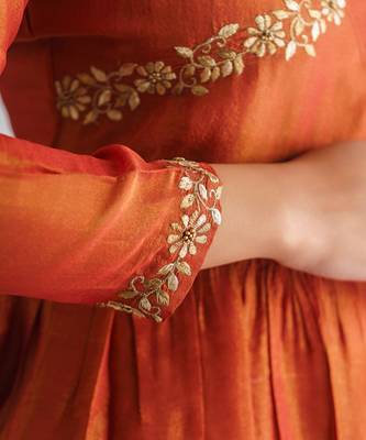 Rust orange floral embroidered georgette tissue kurta 3