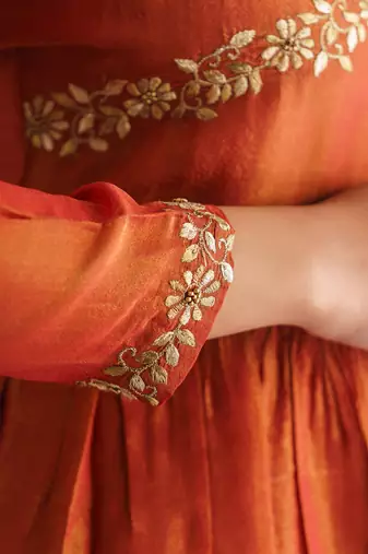 Rust orange floral embroidered georgette tissue kurta