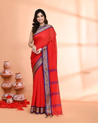cotton silk red handloom saree with blouse piece 1