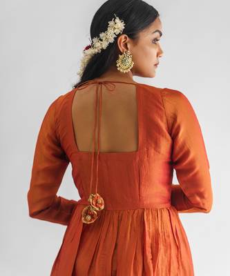Rust orange floral embroidered georgette tissue kurta 5