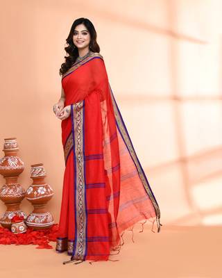 cotton silk red handloom saree with blouse piece 2