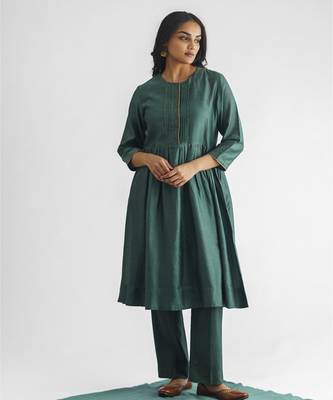 Bottle green bead and sequence work chanderi silk kurta (with slip) 1
