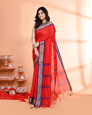 cotton silk red handloom saree with blouse piece 3