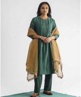 Bottle green bead and sequence work chanderi silk kurta (with slip) 5