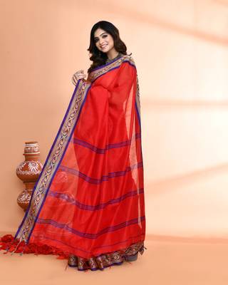 cotton silk red handloom saree with blouse piece 4