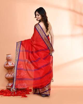 cotton silk red handloom saree with blouse piece 5
