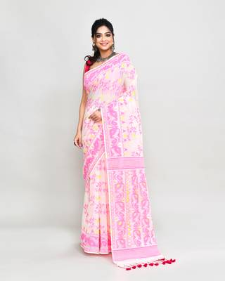 Women's off white pink cotton silk jamdani saree without blouse 1